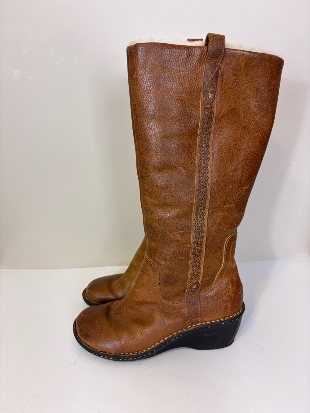 UGG Tan Leather Tall Wedge Fur Lined Boots Women’s 9